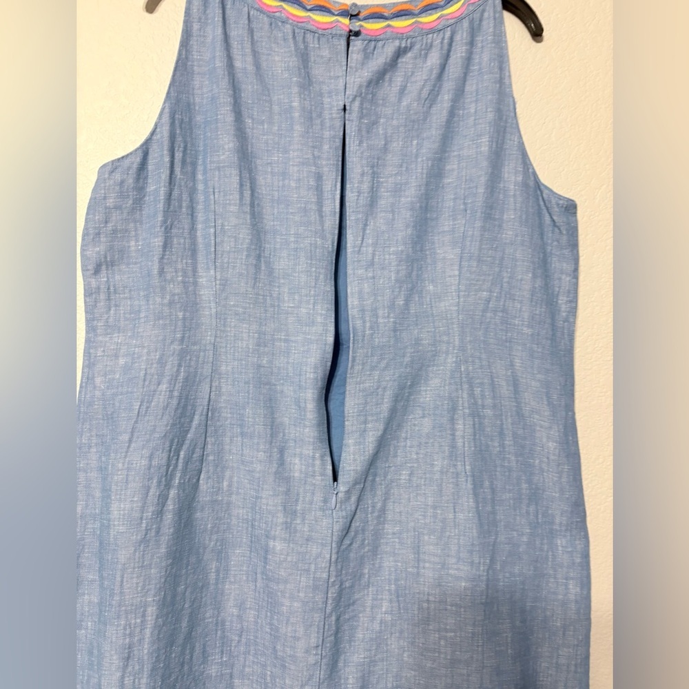 Talbots Chambray Colorful Scalloped Embroidery Shift Dress Sleeveless Back Zip - Picture 10 of 16